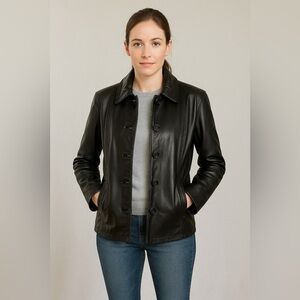 Jaclyn Smith vintage black leather jacket with front pockets. Size L